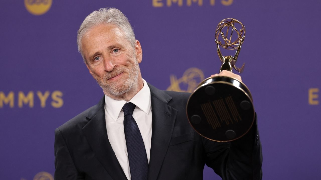 Jon Stewart poses with Outstanding Talk Series awards for "The Daily Show " at the 76th Primetime Emmy Awards in Los Angeles, California, U.S., September 15, 2024. (Reuters/Mike Blake)