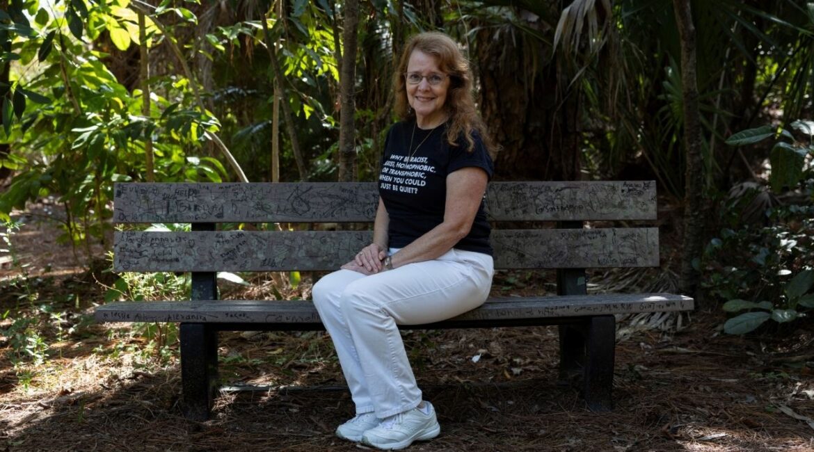 Karen Leader, an associate professor of art history at Florida Atlantic University (FAU) who was recently placed on administrative leave due to her social media comments regarding slain conservative commentator Charlie Kirk, poses for a photo in Boca Raton, Florida, U.S., October 30, 2025. (Reuters/Marco Bello)