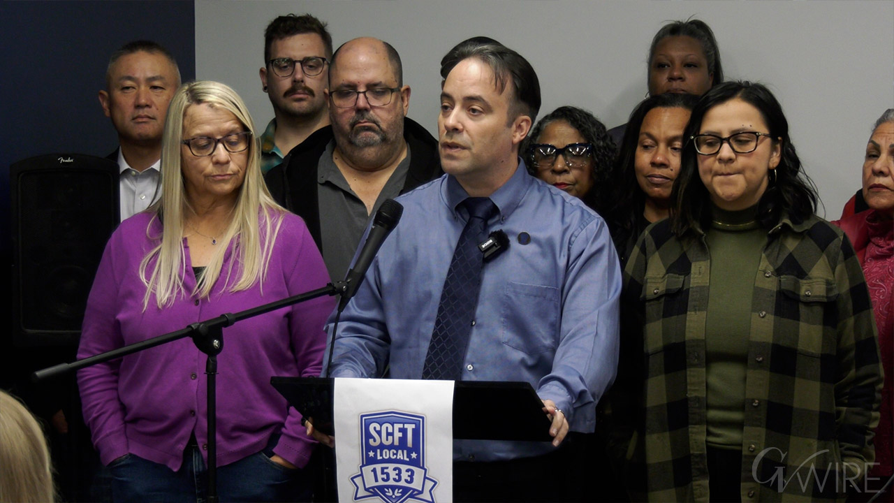 Keith Ford, president of the State Center Federation of Teachers, announces on Nov. 17, 2025 the union's unanimous decision to hold a vote of "no confidence of chancellor Carole Goldsmith.