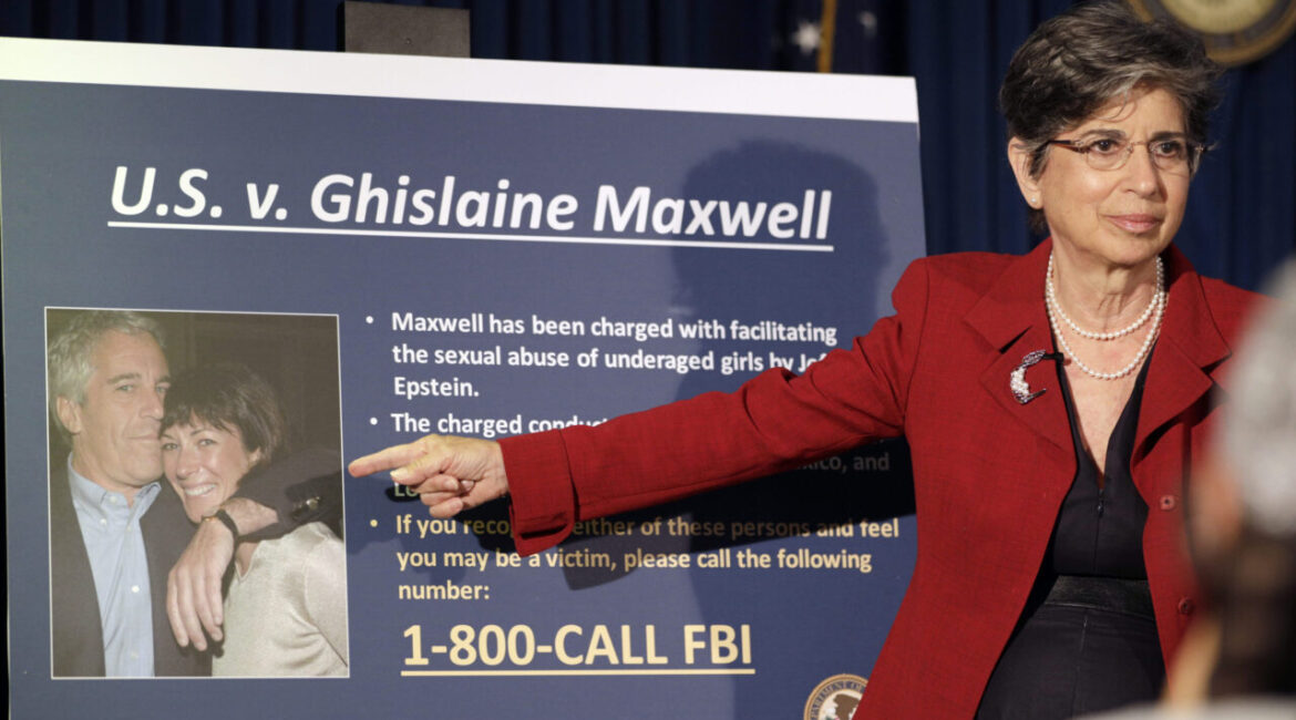 Image of Audrey Strauss, then the acting U.S. attorney for the Southern District of New York, announces the arrest of Ghislaine Maxwell in New York on July 2, 2020. Strauss is pointing at an FBI wanted poster of Maxwell, who is depicted alongside Jeffrey Epstein