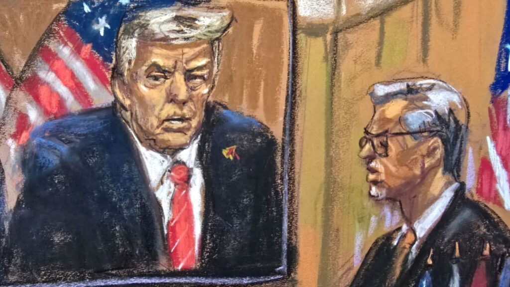 New York State Judge Juan Merchan sentences U.S. President-elect Donald Trump as he appears remotely for a sentencing hearing in the criminal case in which he was convicted in 2024 on charges involving hush money paid to a porn star, at New York Criminal Court in Manhattan in New York City, U.S., January 10, 2025, in this courtroom sketch. (Reuters/Jane Rosenberg TPX IMAGES OF THE DAY)