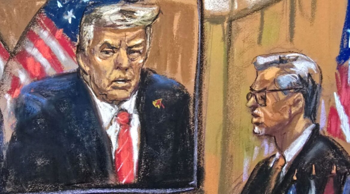 New York State Judge Juan Merchan sentences U.S. President-elect Donald Trump as he appears remotely for a sentencing hearing in the criminal case in which he was convicted in 2024 on charges involving hush money paid to a porn star, at New York Criminal Court in Manhattan in New York City, U.S., January 10, 2025, in this courtroom sketch. (Reuters/Jane Rosenberg TPX IMAGES OF THE DAY)