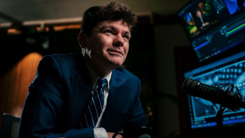 Nicholas Fuentes, the notorious white nationalist social media personality, in his streaming studio in Berwyn, Ill., Sept. 8, 2025. Tucker Carlson, the conservative commentator, has further fractured the right with his anti-Israel rhetoric and sympathy for a white nationalist. (Jamie Kelter Davis/The New York Times)