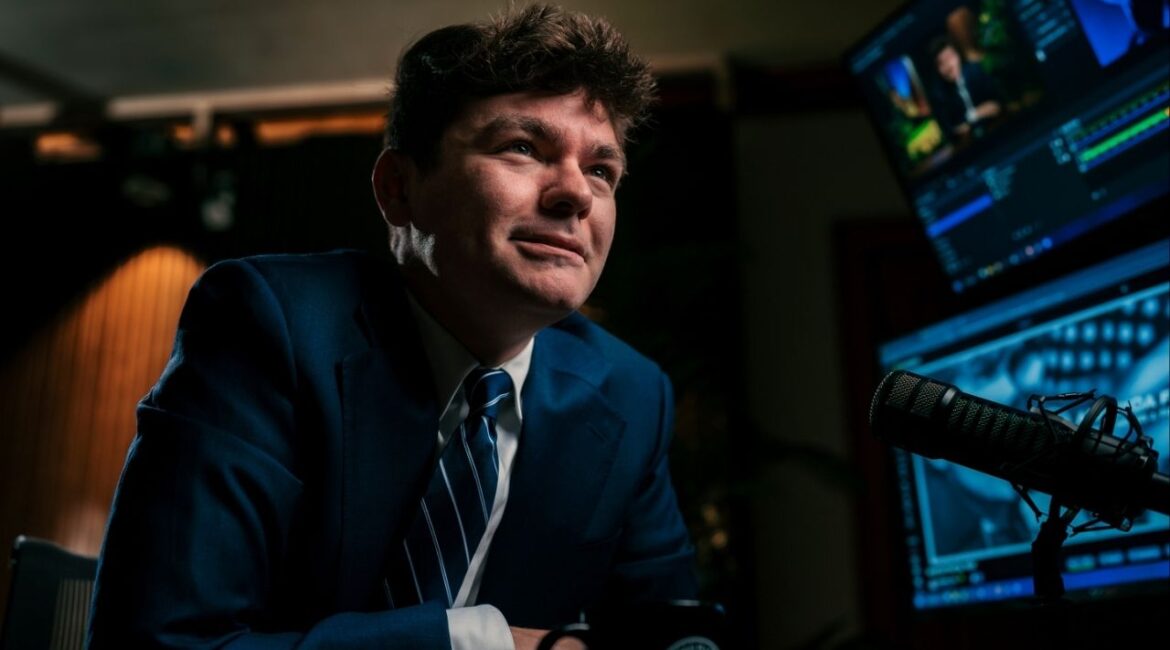 Nicholas Fuentes, the notorious white nationalist social media personality, in his streaming studio in Berwyn, Ill., Sept. 8, 2025. Tucker Carlson, the conservative commentator, has further fractured the right with his anti-Israel rhetoric and sympathy for a white nationalist. (Jamie Kelter Davis/The New York Times)