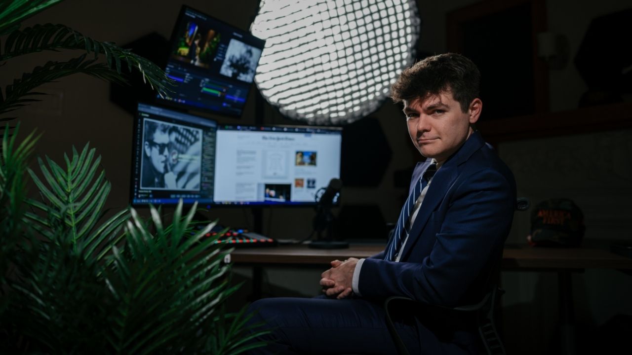 Nicholas Fuentes, the notorious white nationalist social media personality, in his streaming studio on Sept. 8, 2025. For much of Donald Trump’s second term, the political heirs of his “America First” agenda have tried to exclude overt bigotry out of the coalition. With the rise of Fuentes and his racist and antisemitic “Groyper” movement, some fear the exercise has failed. (Jamie Kelter Davis/The New York Times)