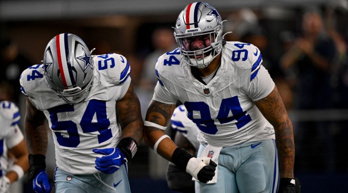Nov 3, 2025; Arlington, Texas, USA; Dallas Cowboys defensive end Marshawn Kneeland (94) and defensive end Sam Williams (54) celebrates after returning a blocked punt for a touchdown during the game between the Dallas Cowboys and the Arizona Cardinals at AT&T Stadium. (Jerome Miron-Imagn Images)