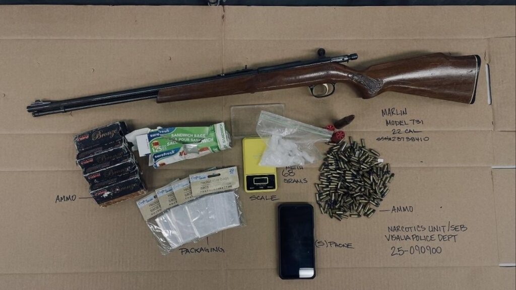 On Wednesday, Nov. 12, 2025, Visalia police arrested 59-year-old Bobby Castaneda after finding meth, ammunition and a firearm during a morning search. (Visalia PD)