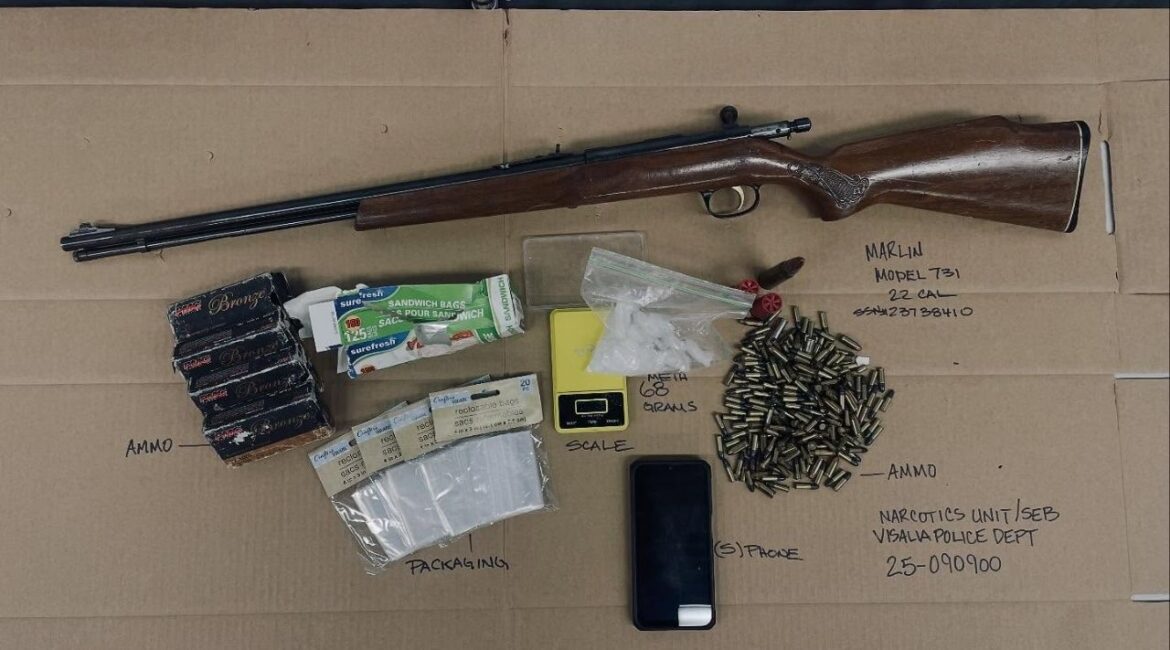 On Wednesday, Nov. 12, 2025, Visalia police arrested 59-year-old Bobby Castaneda after finding meth, ammunition and a firearm during a morning search. (Visalia PD)