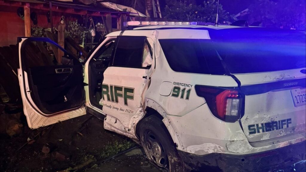 One person died and two others, including a Tulare County deputy, were injured after a stolen car crashed into patrol vehicles and a house in Porterville early Monday, Nov. 17, 2025. (Tulare County SO)