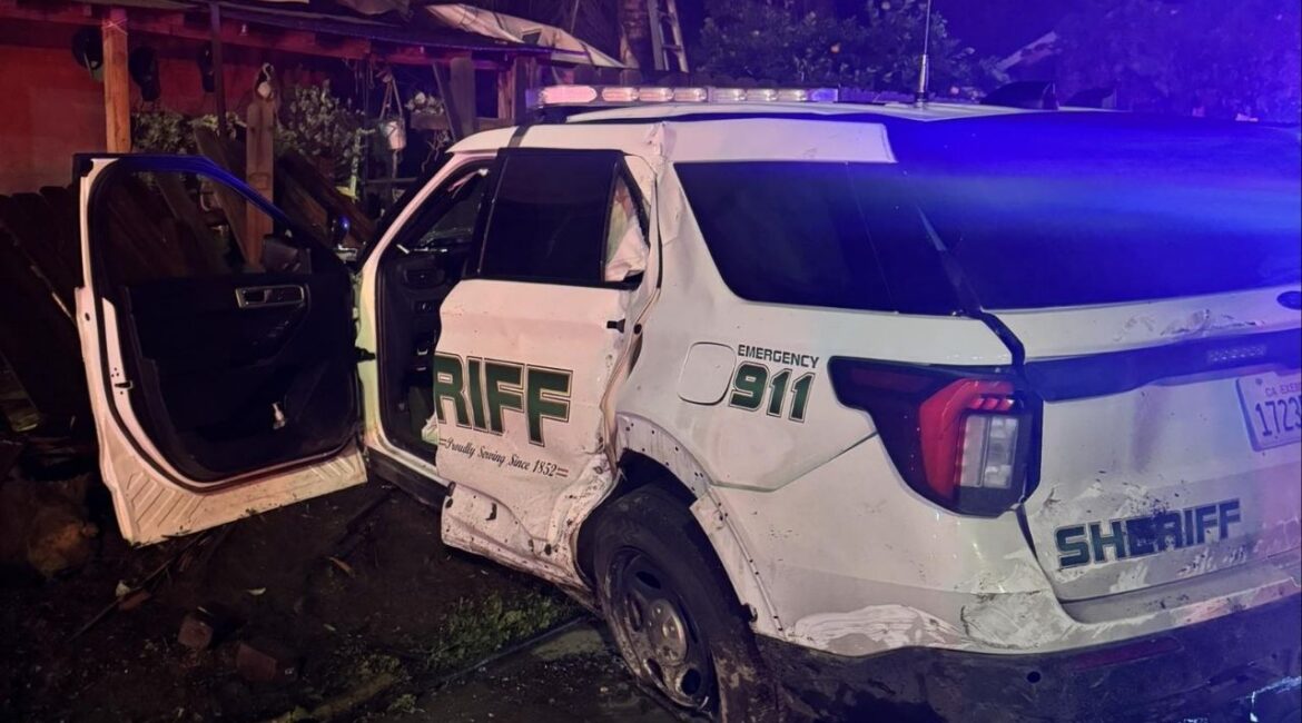 One person died and two others, including a Tulare County deputy, were injured after a stolen car crashed into patrol vehicles and a house in Porterville early Monday, Nov. 17, 2025. (Tulare County SO)