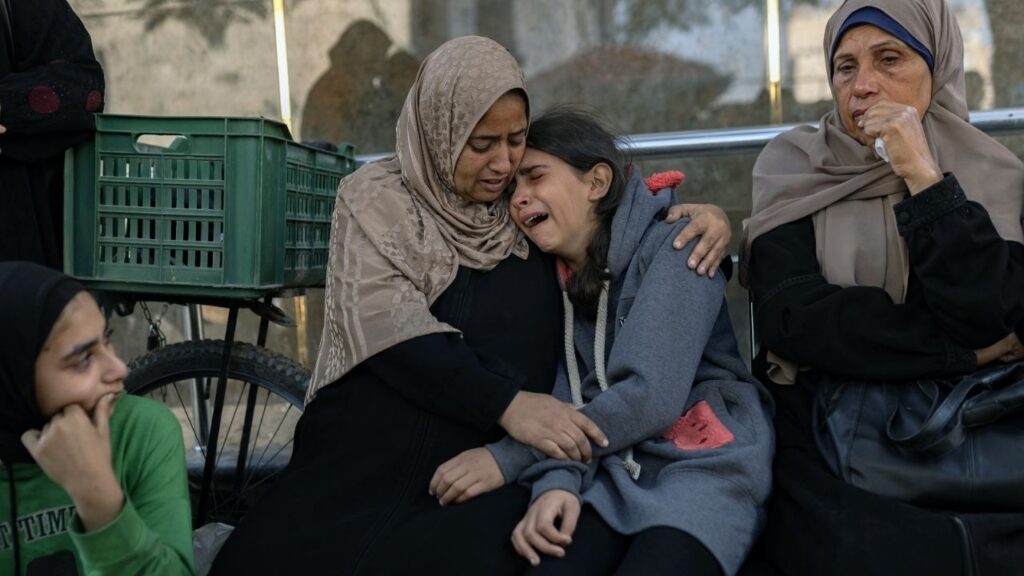 Palestinians in Gaza City on Thursday, Nov. 20, 2025, mourn a relative killed in an Israeli strike the night before. Israel launched a series of strikes on Gaza on Wednesday, killing at least 25 people, according to the local health ministry, and piercing a cease-fire in the territory that has mostly held for the past six weeks. (Saher Alghorra/The New York Times)