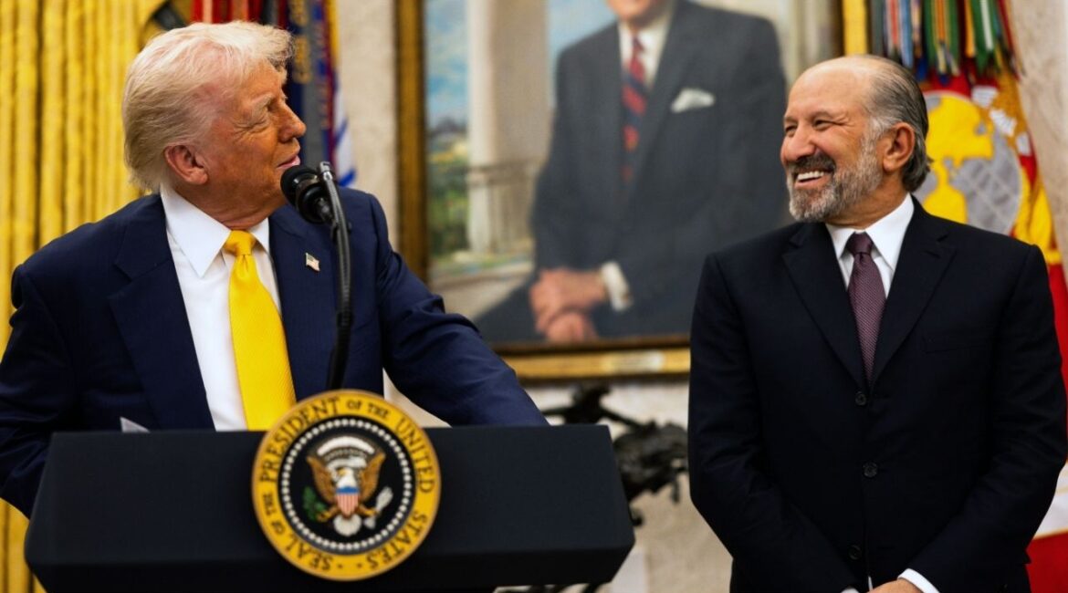 President Donald Trump, left, shares a laugh with Hoeard Lutnick during his ceremonial swearing-in as Commerce Secretary at the White House on Feb. 21, 2025. Lutnick was one of the dozens of donors to Trump’s transition, and his family donated to the $300 million White House construction project. (Tierney L. Cross/The New York Times)