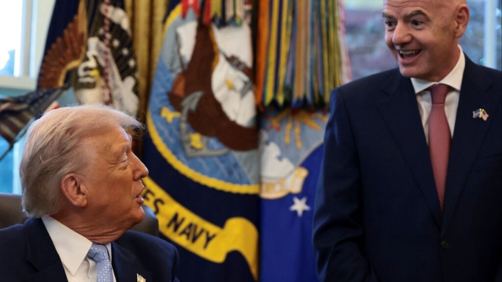 President Donald Trump sits next to FIFA President Gianni Infantino, as he meets with the White House Task Force on the FIFA World Cup 2026 in the Oval Office at the White House in Washington, D.C., U.S., November 17, 2025. (Reuters/Evelyn Hockstein)