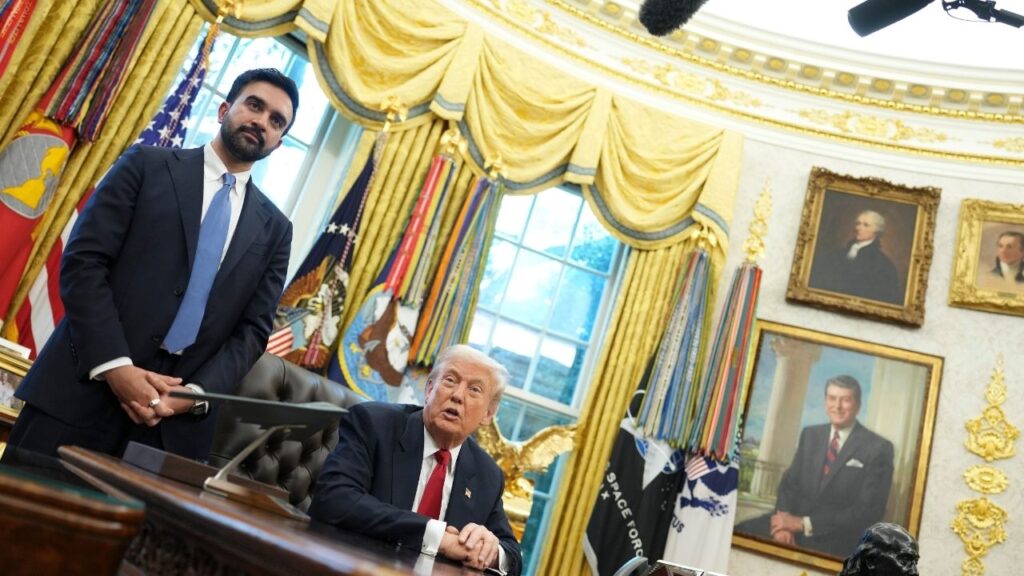 President Donald Trump speaks as New York Mayor-elect Zohran Mamdani stands beside him in the Oval Office of the White House in Washington, on Friday, Nov. 21, 2025. (Eric Lee/The New York Times)