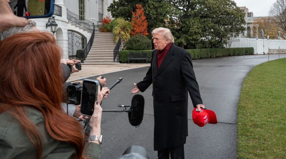 President Donald Trump speaks to reporters outside the White House in Washington before departing the South Lawn on Marine One, Nov. 22, 2025. President Trump, who has repeatedly denounced the Affordable Care Act as a “disaster,” is considering backing an extension of insurance subsidies tied to the health law that are set to expire at the end of the year, according to a senior White House official. (Cheriss May/The New York Times)
