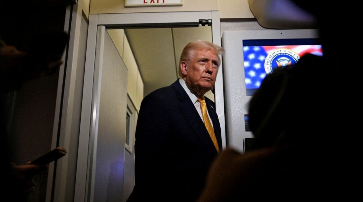 President Donald Trump talks to members of the press on board Air Force One en route to Florida, U.S., November 14, 2025. (Reuters/Annabelle Gordon)