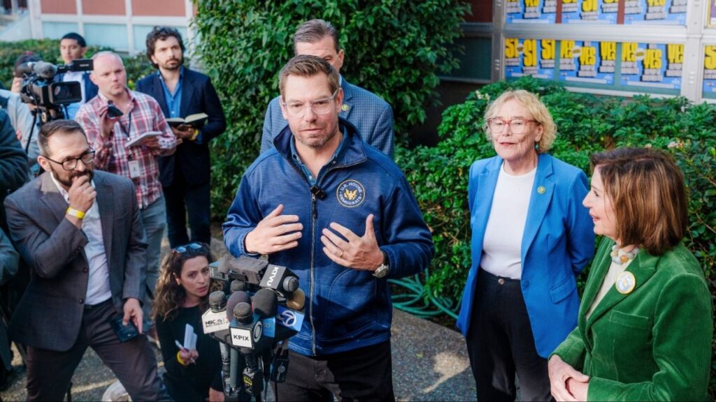 Rep. Eric Swalwell (D-Calif.) speaks at a rally for Proposition 50, California’s redistricting measure, in San Francisco on Nov. 3, 2025. Swalwell, who helped manage the 2021 impeachment case against President Donald Trump, announced on Nov. 20 that he will run for California governor in 2026. (Gabriela Bhaskar/The New York Times)