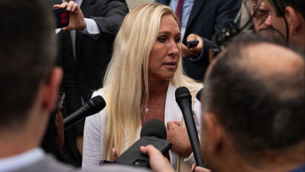 Rep. Marjorie Taylor Greene (R-Ga.) takes questions from reporters on Capitol Hill in Washington, on Sept. 10, 2025. The Georgia Republican, long a loyal Trump ally, had come under attack by the president after showing independence, notably on the government’s investigation of Jeffrey Epstein. (Tierney L. Cross/The New York Times)