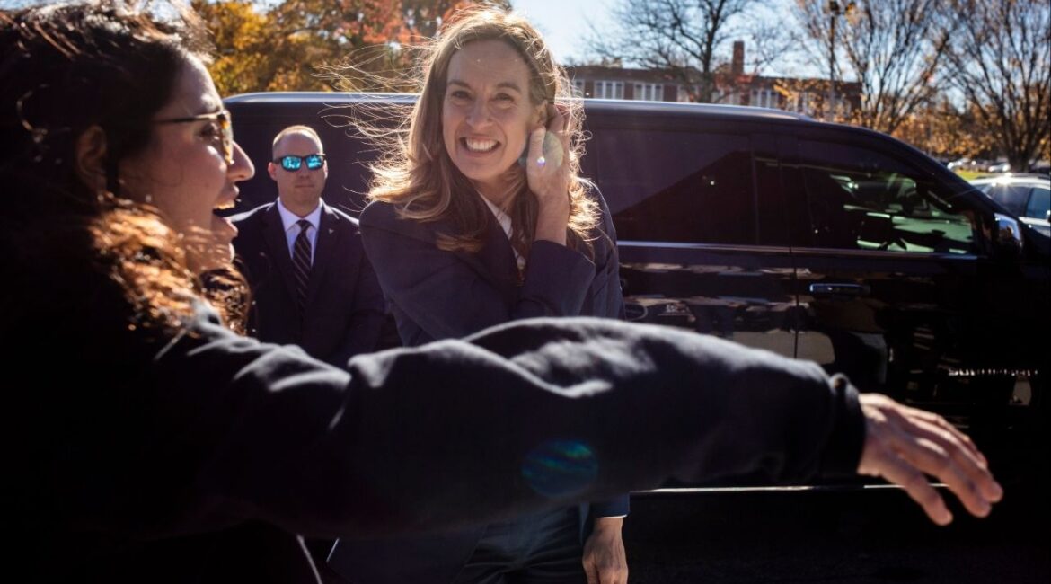 Rep. Mikie Sherrill (D-N.J.), the Democratic candidate for governor of New Jersey, speaks to reporters after casting her ballot at a polling place in Montclair on Tuesday, Nov. 4, 2025. Sherrill made her opposition to President Donald Trump the cornerstone of her campaign, energizing the Democratic coalition and running up large margins in suburban counties like Bergen, Middlesex and Union. (Bryan Anselm/The New York Times)