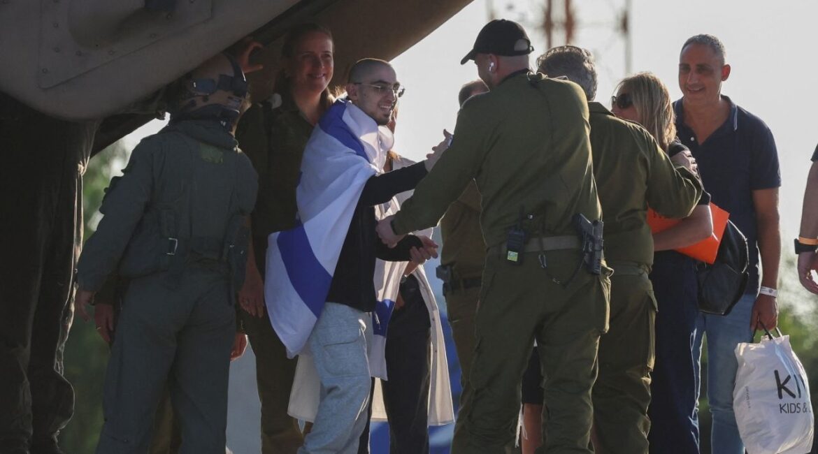 Rom Braslavski, a released hostage who was kidnapped during the deadly October 7, 2023 attack by Hamas and taken to Gaza, arrives at Sheba Medical Center, amid a ceasefire between Israel and Hamas in Gaza, in Ramat Gan, Israel October 13, 2025. (Reuters/Hannah McKay)