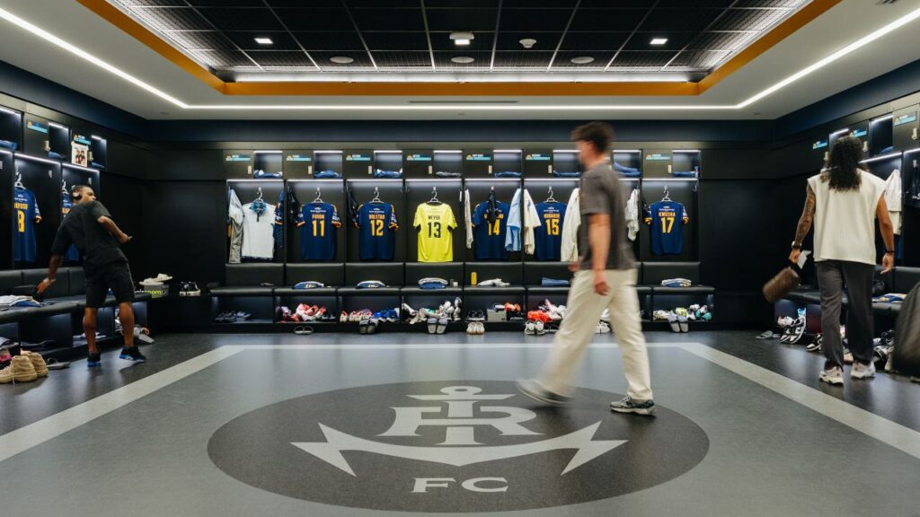 Image of Rhode Island FC’s locker room at the Centreville Bank Stadium in Pawtucket, Rhode Island.
