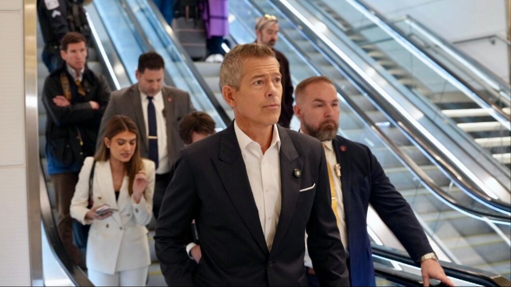 Secretary of Transportation Sean Duffy arrives at Reagan Washington National Airport to speak with passengers and staff on the first day of reduced airline flights in Arlington, Va.., on Friday morning, Nov. 7, 2025. Major airports appeared to be working largely as normal on Friday morning as a wave of flight cancellations hit the U.S. (Andrew Leyden/The New York Times)