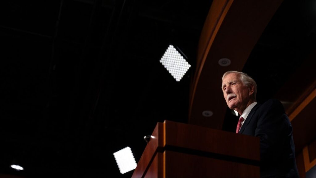Sen. Angus King (I-Maine) speaks to reporters on Capitol Hill on Sunday night, Nov. 9, 2025. King, an independent who caucuses with Democrats, was one of eight senators in the Democratic caucus who broke with the party late Sunday to vote with Republicans and advance legislation to end the government shutdown. (Tierney L. Cross/The New York Times)