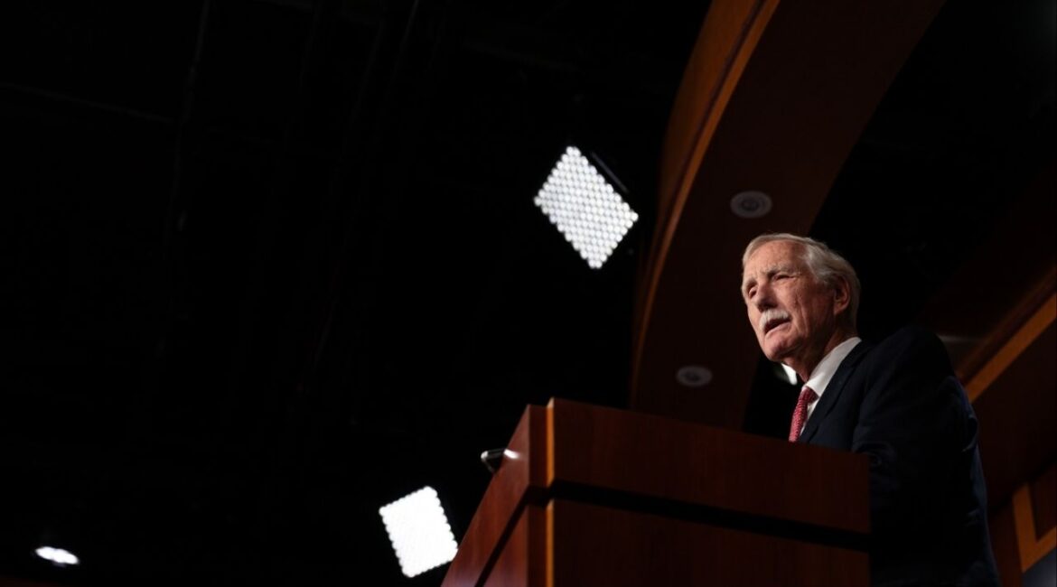 Sen. Angus King (I-Maine) speaks to reporters on Capitol Hill on Sunday night, Nov. 9, 2025. King, an independent who caucuses with Democrats, was one of eight senators in the Democratic caucus who broke with the party late Sunday to vote with Republicans and advance legislation to end the government shutdown. (Tierney L. Cross/The New York Times)