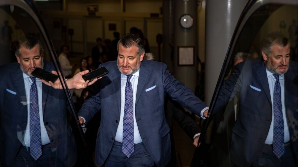 Sen. Ted Cruz (R-Texas) takes questions from reporters as he heads to a vote at the Capitol, Oct. 23, 2025. Republican lawmakers and influencers continued on Monday, Nov. 3, to distance themselves from Tucker Carlson after his sympathetic interview with the prominent white supremacist Nick Fuentes, putting on display a widening split on the right about how to address antisemitism within their party. (Kent Nishimura/The New York Times)