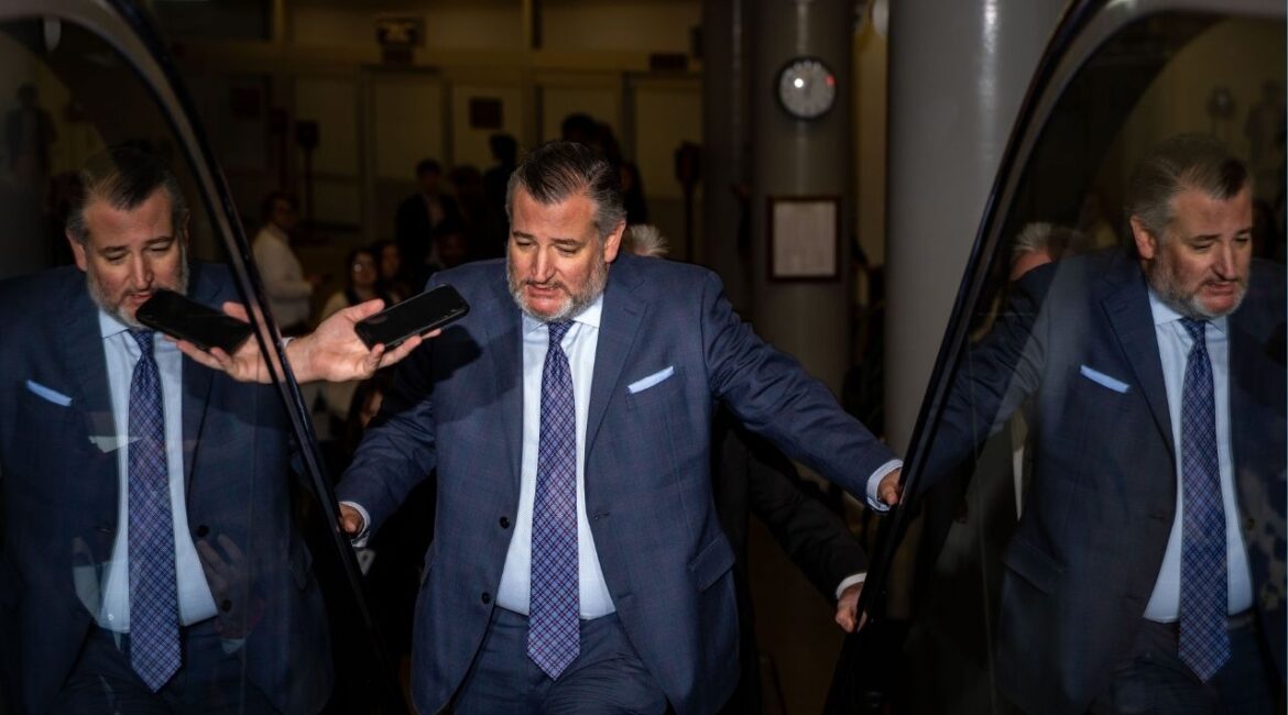 Sen. Ted Cruz (R-Texas) takes questions from reporters as he heads to a vote at the Capitol, Oct. 23, 2025. Republican lawmakers and influencers continued on Monday, Nov. 3, to distance themselves from Tucker Carlson after his sympathetic interview with the prominent white supremacist Nick Fuentes, putting on display a widening split on the right about how to address antisemitism within their party. (Kent Nishimura/The New York Times)