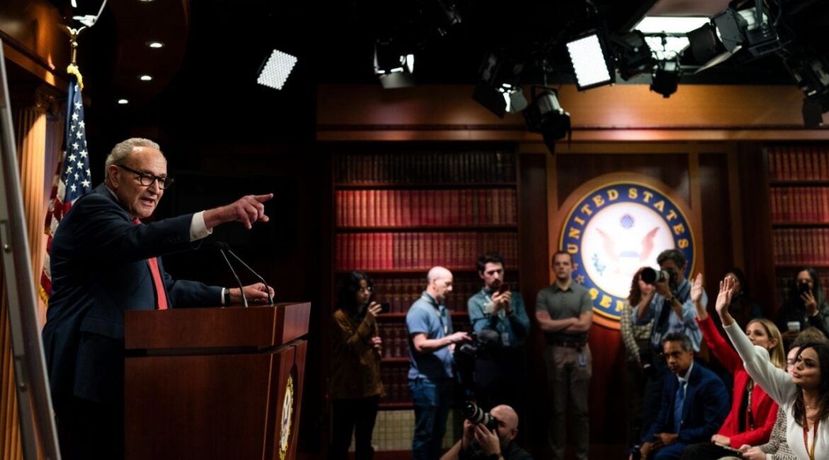 Senate Minority Leader Chuck Schumer (D-N.Y.) speaks during a news conference at the Capitol in Washington, on Wednesday, Nov. 5, 2025. The top Senate Democrat was reluctant to say why he stayed on the sidelines of the mayoral race and denied that Zohran Mamdani’s victory reflected poorly on him. (Tierney L. Cross/The New York Times)