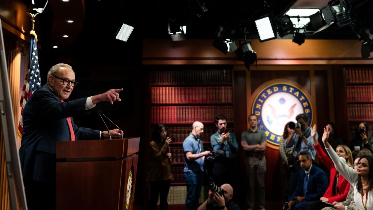 Senate Minority Leader Chuck Schumer (D-N.Y.) speaks during a news conference at the Capitol in Washington, on Wednesday, Nov. 5, 2025. The top Senate Democrat was reluctant to say why he stayed on the sidelines of the mayoral race and denied that Zohran Mamdani’s victory reflected poorly on him. (Tierney L. Cross/The New York Times)