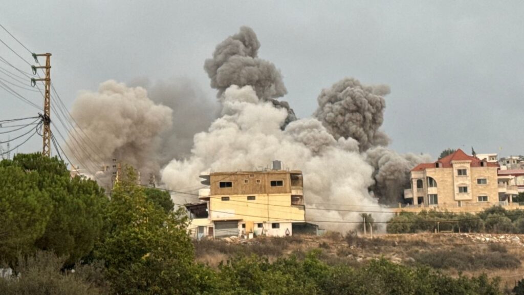 Smoke rises after Israeli strikes following Israeli military's evacuation orders, in Tayr Debba, southern Lebanon November 6, 2025. (Reuters/Ali Hankir)
