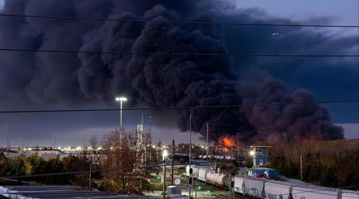 Smoke rises from the wreckage of a UPS MD-11 cargo jet after it crashed on departure from Louisville Muhammad Ali International Airport in Louisville, Kentucky, U.S. November 4, 2025. (Jeff Faughender/USA Today Network via Reuters)