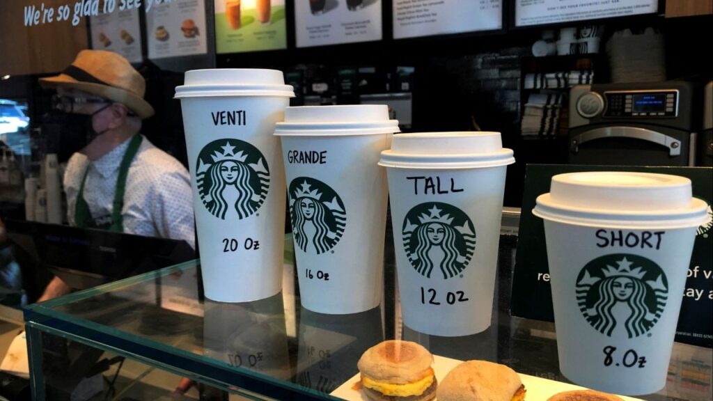 Starbucks cups are pictured on a counter in the Manhattan borough of New York City, New York, U.S., February 16, 2022. (Reuters File)