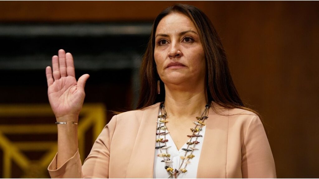 Sunshine Suzanne Sykes, a nominee to be a U.S. District Judge for the Central District Of California, swears in during a U.S. Senate Judiciary Committee hearing on Capitol Hill in Washington, U.S., February 1, 2022. (Reuters/Elizabeth Frantz)