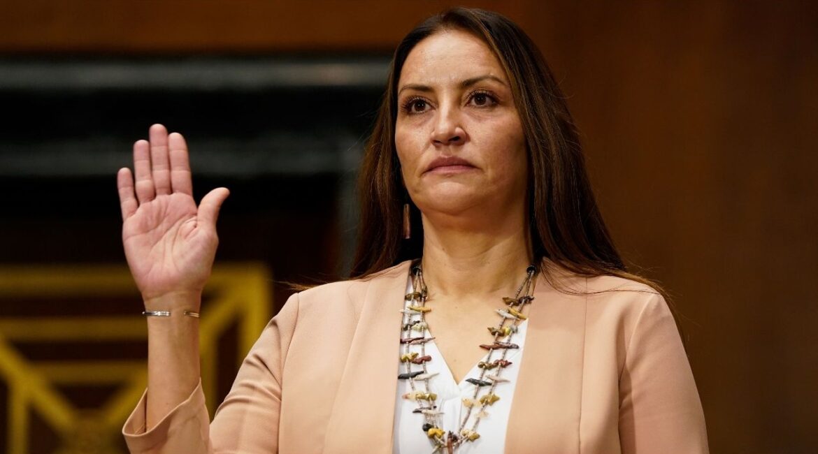 Sunshine Suzanne Sykes, a nominee to be a U.S. District Judge for the Central District Of California, swears in during a U.S. Senate Judiciary Committee hearing on Capitol Hill in Washington, U.S., February 1, 2022. (Reuters/Elizabeth Frantz)