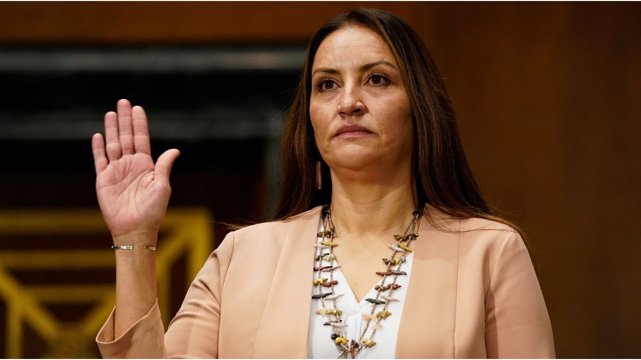 Sunshine Suzanne Sykes, a nominee to be a U.S. District Judge for the Central District Of California, swears in during a U.S. Senate Judiciary Committee hearing on Capitol Hill in Washington, U.S., February 1, 2022. (Reuters/Elizabeth Frantz)