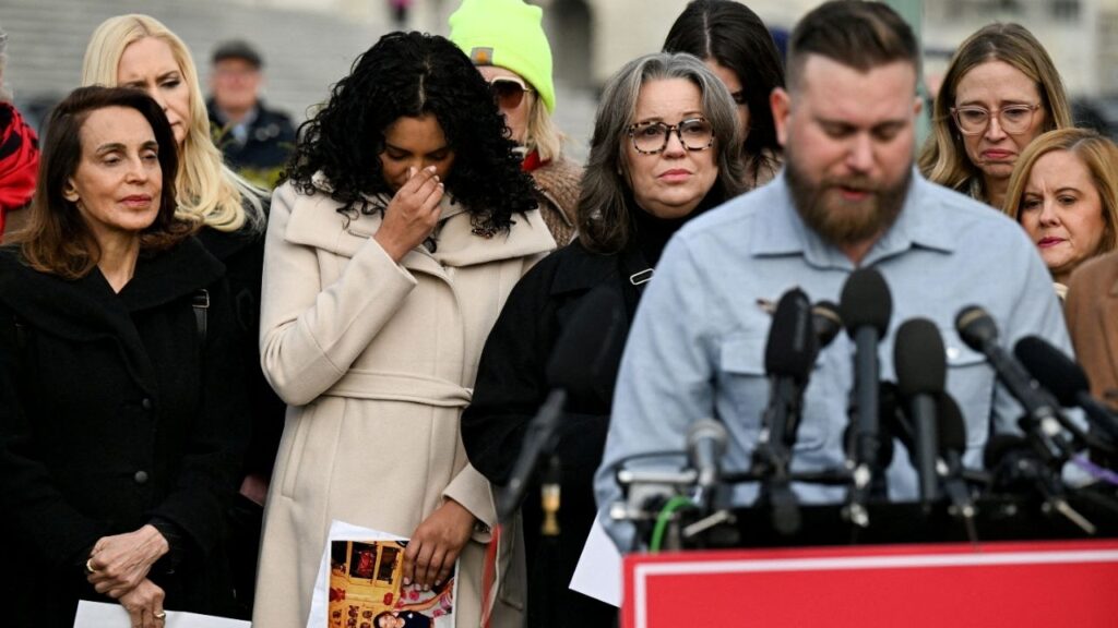 Survivors Lisa Phillips, Jess Michaels, and Annie Farmer react as Sky Roberts, brother of late sex offender Jeffrey Epstein's late victim Virginia Giuffre, speaks during a press conference on the Epstein Files Transparency Act ahead of a House vote on the release of files related to Jeffrey Epstein, on Capitol Hill in Washington, D.C., U.S., November 18, 2025. (Reuters FIle)