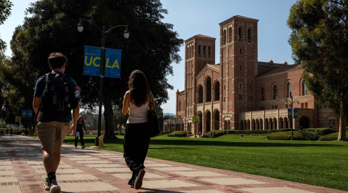 The University of California, Los Angeles campus on Sept. 5, 2023. The Justice Department sued California in federal court on Nov. 20, 2025, claiming that providing in-state college tuition to unauthorized students is illegal and discriminates against Americans from out of state who pay higher rates. (Alisha Jucevic/The New York Times)