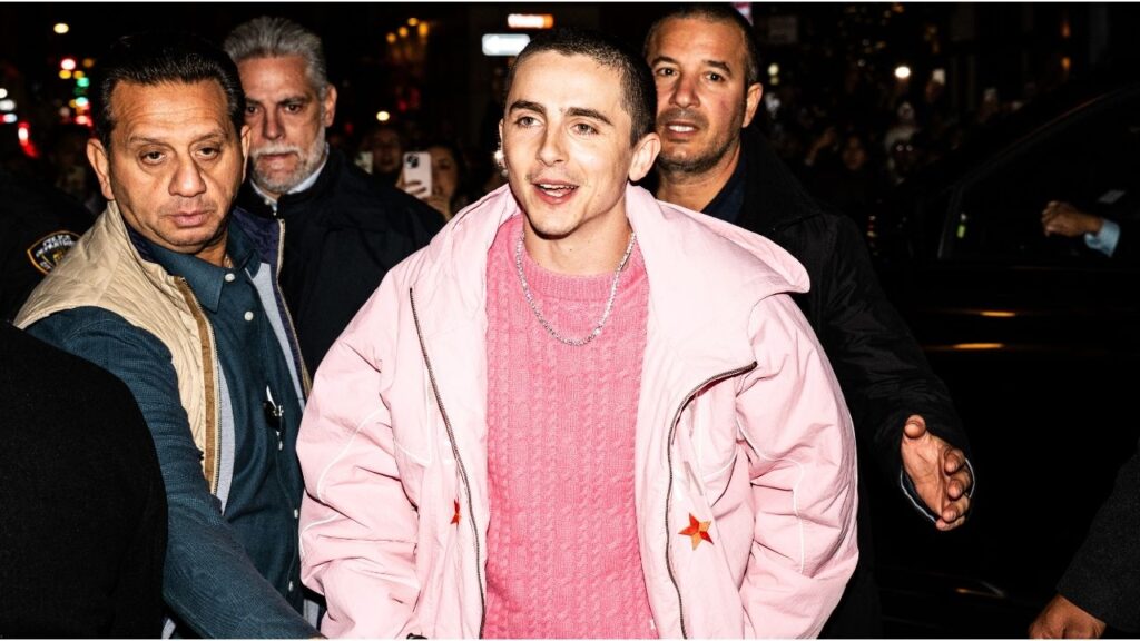 The actor Timothée Chalamet arrives at the pop up for his upcoming movie “Marty Supreme” in New York on Nov. 20, 2025. Chalamet’s star power was in full force as fans clamored to get merch for a movie none of them will see until Christmas. (Graham Dickie/The New York Times)