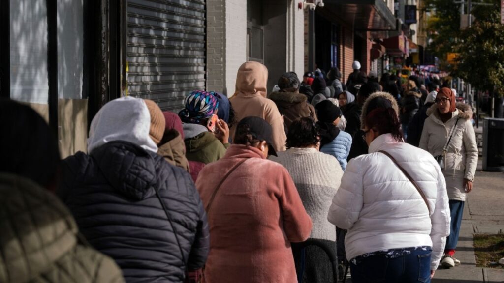 The long line outside a charity food pantry in the Bronx on Wednesday, Oct. 29, 2025. The fate of SNAP, the nation’s largest anti-hunger program, has been up in the air as the government shutdown continues. (Marco Postigo Storel/The New York Times)