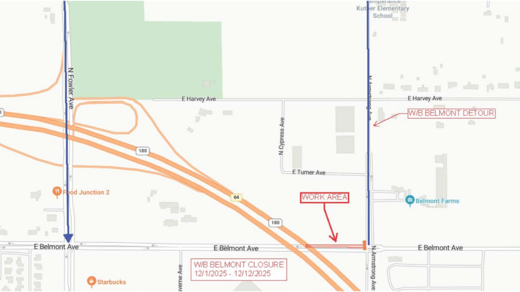 The westbound lanes of Belmont Avenue will shut down Monday for utility upgrades expected to last until Dec. 12, 2025. (City of Fresno)