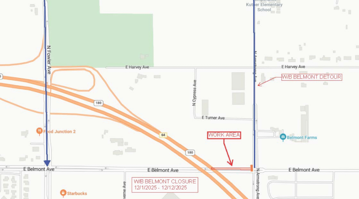The westbound lanes of Belmont Avenue will shut down Monday for utility upgrades expected to last until Dec. 12, 2025. (City of Fresno)