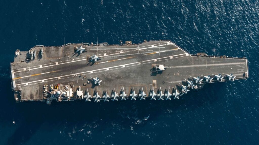 The world’s largest aircraft carrier, the USS Gerald R. Ford (CVN 78), sails in the Ionian Sea, July 29, 2025. The carrier will arrive in the Caribbean in mid November. President Donald Trump has yet to decide on a course of action regarding Venezuela, but his advisers are pressing a range of objectives to try to justify ousting President Nicolás Maduro. (U.S. Navy photo by Mass Communication Specialist 2nd Class Maxwell Orlosky via The New York Times)