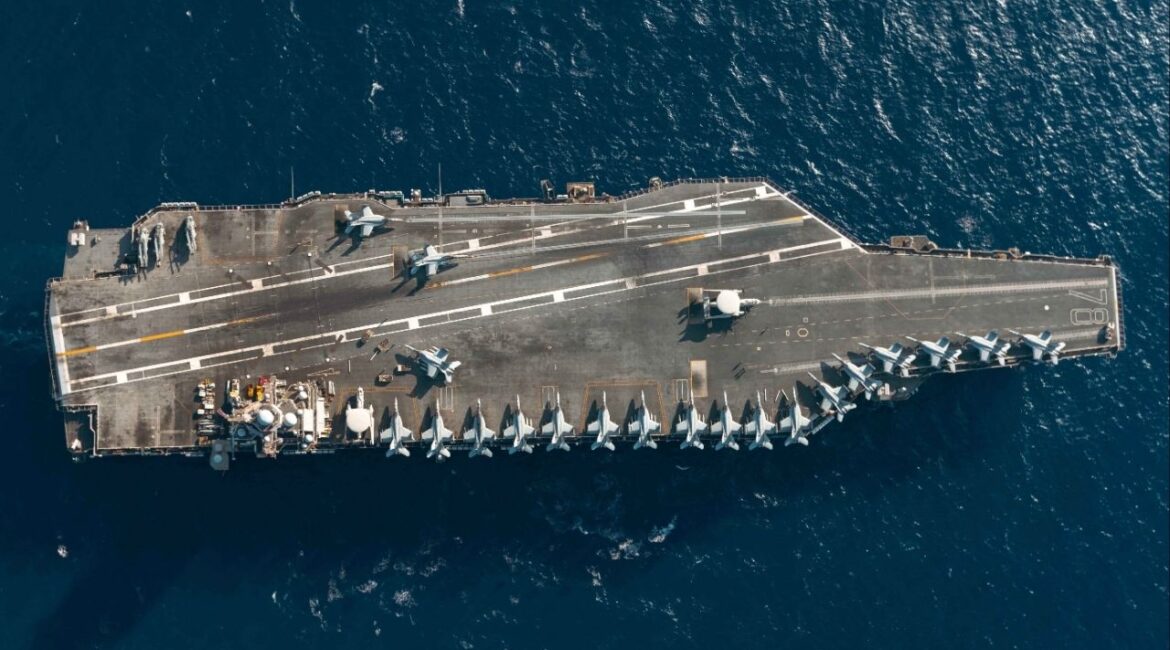 The world’s largest aircraft carrier, the USS Gerald R. Ford (CVN 78), sails in the Ionian Sea, July 29, 2025. The carrier will arrive in the Caribbean in mid November. President Donald Trump has yet to decide on a course of action regarding Venezuela, but his advisers are pressing a range of objectives to try to justify ousting President Nicolás Maduro. (U.S. Navy photo by Mass Communication Specialist 2nd Class Maxwell Orlosky via The New York Times)