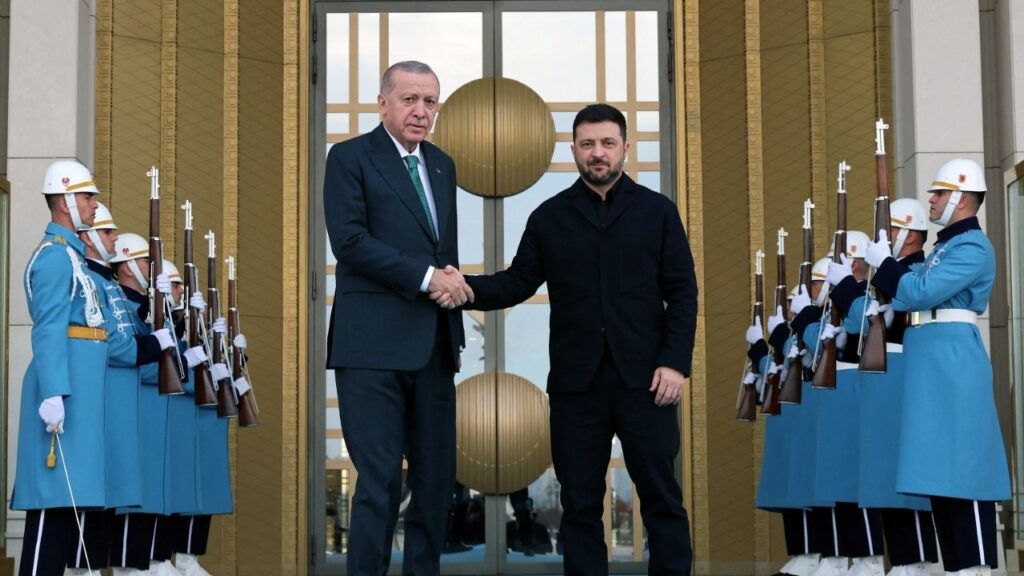 Turkey’s President Tayyip Erdogan welcomes Ukraine's President Volodymyr Zelenskiy at the Presidential Palace in Ankara, Turkey, November 19, 2025. (Murat Cetinmuhurdar/Turkish Presidential Press Office/Handout via Reuters)