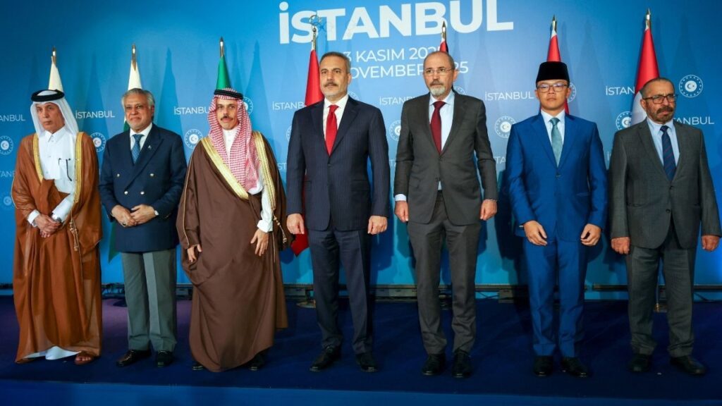 Turkish Foreign Minister Hakan Fidan poses with Qatar's State Minister for Foreign Affairs Soltan bin Saad Al-Muraikhi, Pakistan's Deputy Prime Minister and Foreign Minister Mohammad Ishaq Dar, Saudi Arabia's Foreign Minister Prince Faisal bin Farhan Al-Saud, Jordanian Foreign Minister Ayman Safadi, Indonesia's Foreign Minister Sugiono and United Arab Emirates' Minister of State Khalifa Shaheen Al Marar before their meeting on Gaza, in Istanbul, Turkey, November 3, 2025. (Reuters/Murad Sezer)