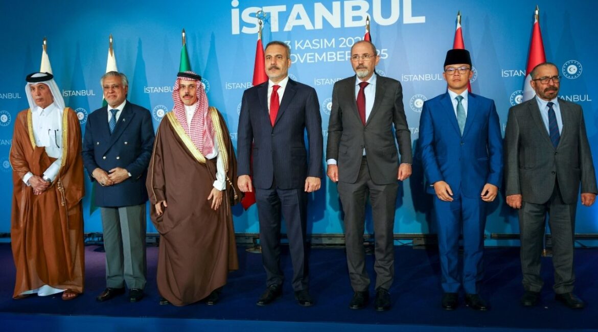 Turkish Foreign Minister Hakan Fidan poses with Qatar's State Minister for Foreign Affairs Soltan bin Saad Al-Muraikhi, Pakistan's Deputy Prime Minister and Foreign Minister Mohammad Ishaq Dar, Saudi Arabia's Foreign Minister Prince Faisal bin Farhan Al-Saud, Jordanian Foreign Minister Ayman Safadi, Indonesia's Foreign Minister Sugiono and United Arab Emirates' Minister of State Khalifa Shaheen Al Marar before their meeting on Gaza, in Istanbul, Turkey, November 3, 2025. (Reuters/Murad Sezer)
