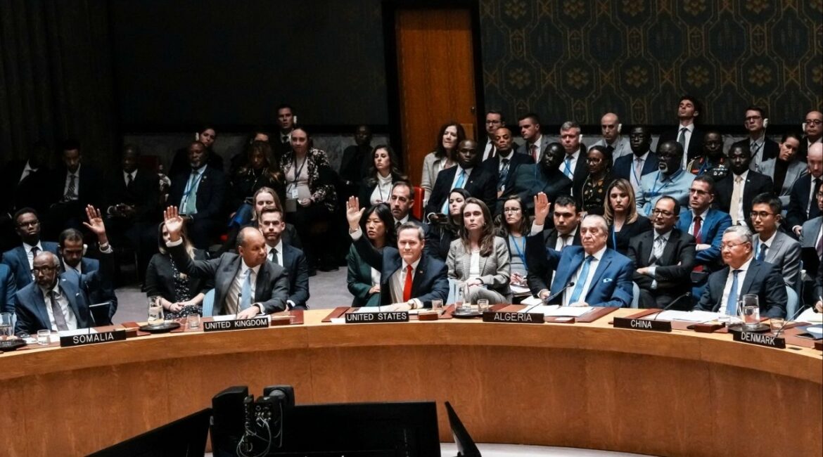 U.S Ambassador to United Nations Michael Waltz and other ambassadors vote on favor for a resolution during a meeting of the United Nations Security Council to consider a U.S. proposal for a U.N. mandate to establish an international stabilization force in Gaza, at U.N. headquarters in New York City, U.S., November 17, 2025. (Reuters/Eduardo Munoz)
